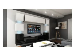 Best Price Factory Conjunto de móveis de sala de estar suspensos, parte inferior preta, parte superior branca, coleção CEPTO XIV. 256cm, 10 móveis, com leds. Preto