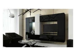 Móvel De Tv*Price Factory Conjunto de móveis de sala de estar e branco suspensos, coleção CEPTO XXII. 273cm, 10 peças, com LEDs, modulares. Preto