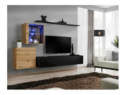 Móvel De Tv|Price Factory Conjunto de móveis de sala de estar mural SWITCH XV design, cor brilhante e carvalho Wotan. Preto
