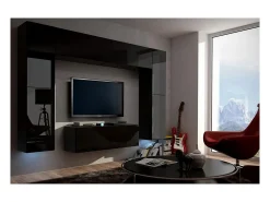 Móvel De Tv*Price Factory Conjunto de móveis de sala de estar s suspensos coleção CEPTO III 256cm, 8 portas, 8 prateleiras, LEDs, modulares. Preto