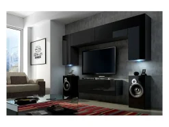 Móvel De Tv*Price Factory Conjunto de móveis de sala de estar s suspensos coleção CEPTO II 256cm, 6 portas, 4 prateleiras, LEDs, modulares. Preto