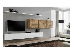 Discount Price Factory Conjunto de móveis de sala de estar design coleção SWITCH VII, cor branca e carvalho com acabamentos fresados. Branco