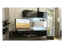 Móvel De Tv*Price Factory Conjunto de móveis de sala de estar e branco, suspensos, coleção CEPTO XXV. 249cm, 6 móveis, leds, modulares. Preto