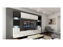 New Price Factory Conjunto de móveis de sala de estar e preto suspensos, coleção CEPTO XIV. 256cm, 10 móveis, leds. Cubo de cor preta. Branco