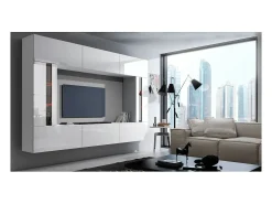 Online Price Factory Conjunto de móveis de sala de estar s, suspensos, coleção CEPTO XXVIII. 249cm, 8 móveis, com LEDs, modulares. Branco