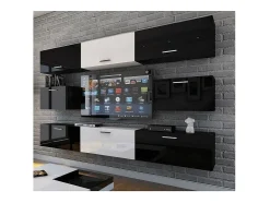 Price Factory Conjunto de móveis de sala de estar e branco suspensos coleção CEPTO VII 249cm, 8 portas, modulares. Parte central na cor branca.^ Móvel De Tv
