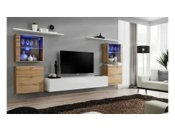 Móvel De Tv|Price Factory Conjunto de móveis de sala de estar mural SWITCH XIV design, na cor brilhante e carvalho Wotan. Branco