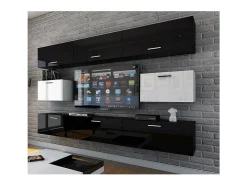 Móvel De Tv|Price Factory Conjunto de móveis de sala de estar e branco suspensos coleção CEPTO VII 249cm, 8 portas, modulares. Preto