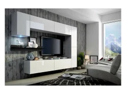 Móvel De Tv*Price Factory Conjunto de móveis de sala de estar s suspensos coleção CEPTO VI 256cm, 7 portas, prateleira de parede preta, leds, modulares. Branco