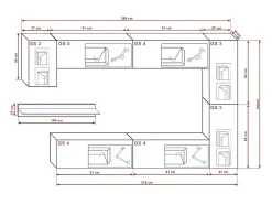 Móvel De Tv*Price Factory Conjunto de móveis de sala de estar s suspensos coleção CEPTO VI 256cm, 7 portas, prateleira de parede preta, leds, modulares. Branco