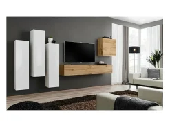 Móvel De Tv|Price Factory Conjunto de móveis de sala de estar design coleção SWITCH III. Cor branca brilhante e carvalho Wotan. Branco