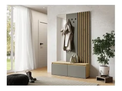 Hot Meublorama Conjunto de móveis para hall de entrada da coleção NEMO em cores carvalho e cinza. Móvel para sapatos, cômoda, espelho e cabideiro. Cinzento