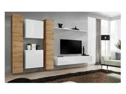Clearance Price Factory Conjunto de móveis para sala de estar SWITCH VI, design mural, na cor branca brilhante e carvalho Wotan. Branco