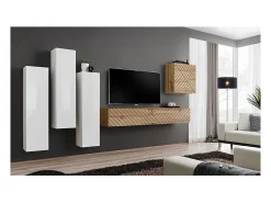 Price Factory Conjunto de móveis para sala de estar SWITCH III design, cores carvalho e branco. Acabamentos em efeito carvalho fresado e brilhante.^ Móvel De Tv