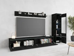 Móvel De Tv| Conjunto de móveis para sala 3 elementos com LED – rack 180 cm, vitrine e prateleira, composição de parede de pé ou suspensa, mármore fosco Multicor