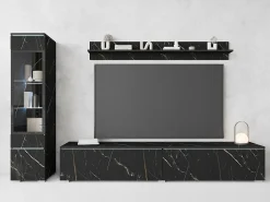 Móvel De Tv| Conjunto de móveis para sala 3 elementos com LED – rack 180 cm, vitrine e prateleira, composição de parede de pé ou suspensa, mármore fosco Multicor