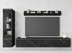 Móvel De Tv| Conjunto de móveis para sala 3 elementos com LED – rack 180 cm, vitrine e prateleira, composição de parede de pé ou suspensa, mármore fosco Multicor