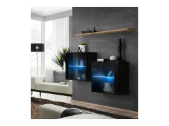 Móvel De Tv*Price Factory Conjunto de móveis para sala SWITCH SBIII, cor brilhante e porta de vidro com sistema LED integrado, prateleira de carvalho Wotan. Preto