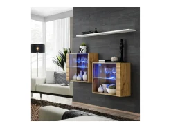 Móvel De Tv*Price Factory Conjunto de móveis para sala de estar SWITCH SBIII design, cor carvalho Wotan e porta com vidro com sistema LED integrado, prateleira branca. Castanho