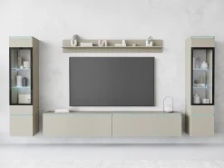 Móvel De Tv| Conjunto de móveis para sala com LED 4 elementos – rack 180 cm, 2 vitrines e prateleira, composição de parede de pé ou suspensa, cashmere Bege
