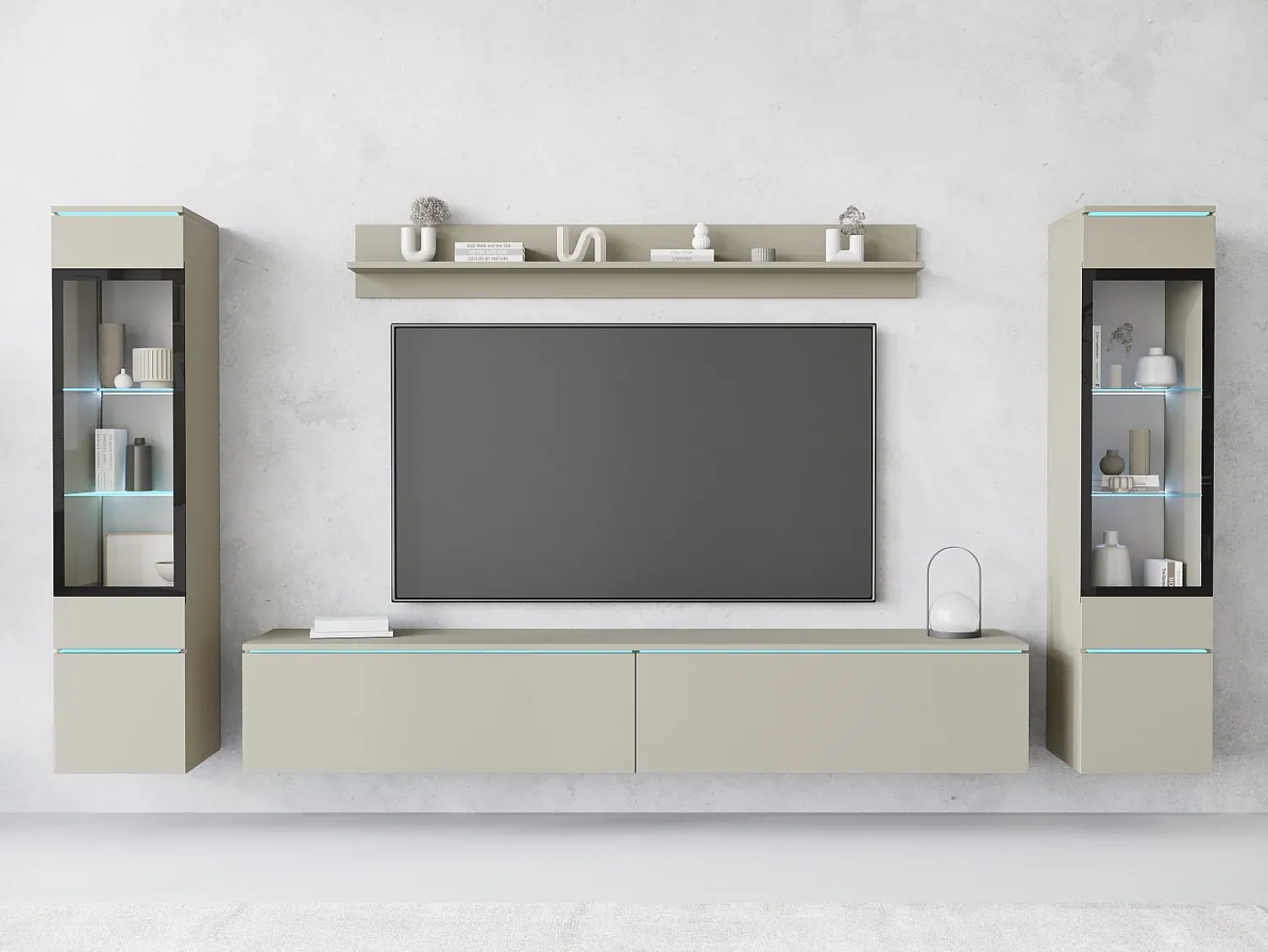 Móvel De Tv| Conjunto de móveis para sala com LED 4 elementos – rack 180 cm, 2 vitrines e prateleira, composição de parede de pé ou suspensa, cashmere Bege