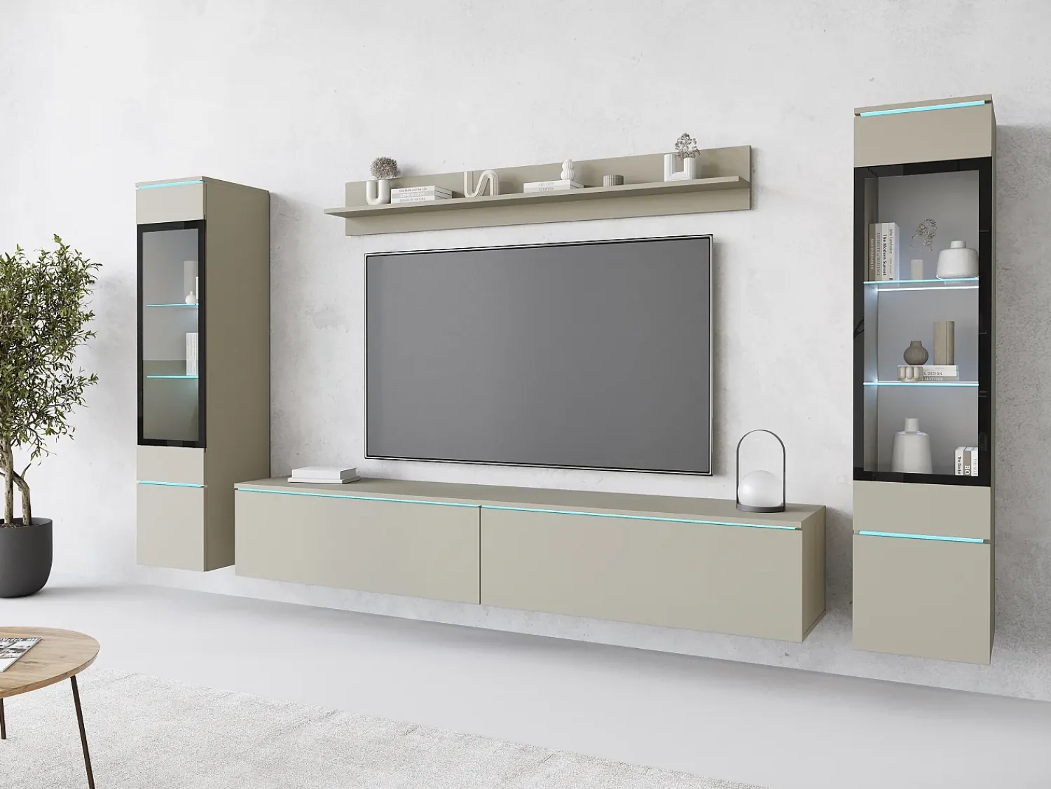 Móvel De Tv| Conjunto de móveis para sala com LED 4 elementos – rack 180 cm, 2 vitrines e prateleira, composição de parede de pé ou suspensa, cashmere Bege