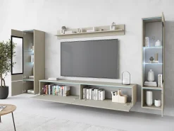 Móvel De Tv| Conjunto de móveis para sala com LED 4 elementos – rack 180 cm, 2 vitrines e prateleira, composição de parede de pé ou suspensa, cashmere Bege