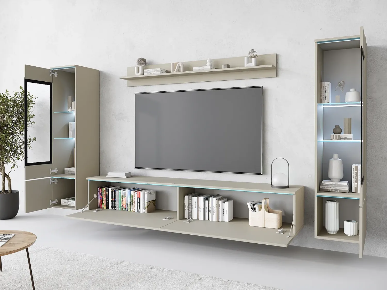 Móvel De Tv| Conjunto de móveis para sala com LED 4 elementos – rack 180 cm, 2 vitrines e prateleira, composição de parede de pé ou suspensa, cashmere Bege