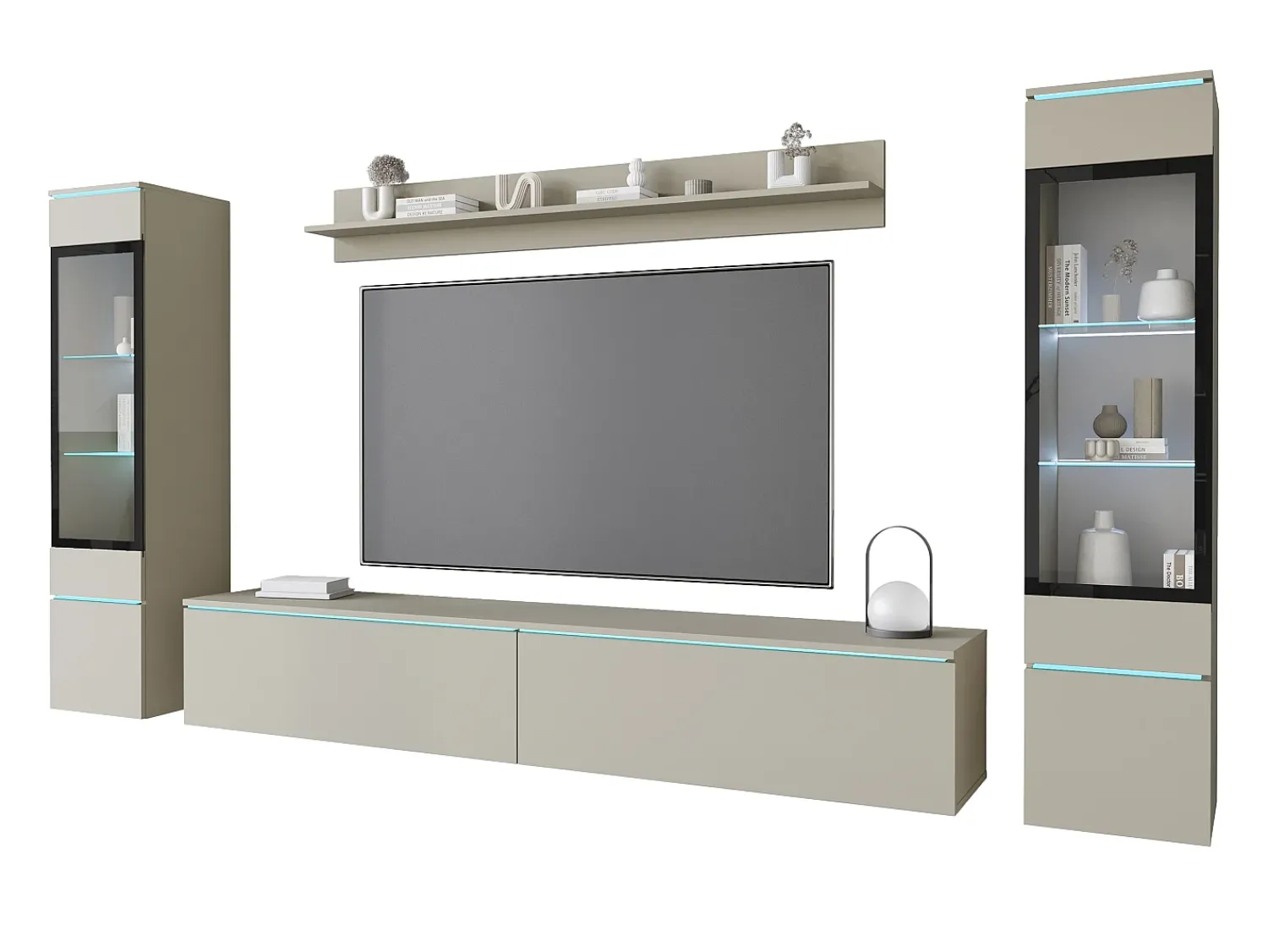 Móvel De Tv| Conjunto de móveis para sala com LED 4 elementos – rack 180 cm, 2 vitrines e prateleira, composição de parede de pé ou suspensa, cashmere Bege