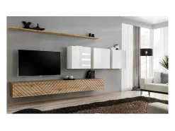 Móvel De Tv*Price Factory Conjunto de móveis para sala de estar da coleção SWITCH VII, cor carvalho com acabamentos fresados e branco brilhante. Castanho
