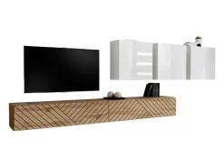 Móvel De Tv*Price Factory Conjunto de móveis para sala de estar da coleção SWITCH VII, cor carvalho com acabamentos fresados e branco brilhante. Castanho