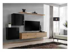 Móvel De Tv*Price Factory Conjunto de móveis para sala de estar SWITCH V, na cor e carvalho. Acabamentos em brilhante e carvalho fresado. Preto