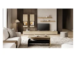 Meublorama Conjunto de móveis para sala de estar, coleção RAMOS. Cores carvalho e preto.^ Móvel De Tv