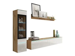 Conjunto de móveis para sala 3 elementos com LED – rack 180 cm, vitrine e prateleira, corpo carvalho Wotan, frentes branco brilho^ Móvel De Tv