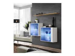 Móvel De Tv|Price Factory Conjunto de móveis para sala de estar SWITCH SBIII, na cor brilhante e porta de vidro com sistema LED integrado, prateleira em carvalho Wotan. Branco