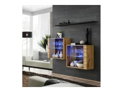 Price Factory Conjunto de móveis para sala de estar SWITCH SBIII, cor carvalho Wotan e porta de vidro com sistema LED integrado, prateleira preta.^ Móvel De Tv