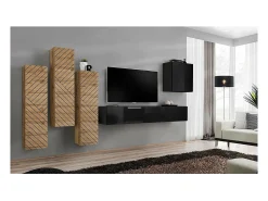 Móvel De Tv|Price Factory Conjunto de móveis para sala SWITCH III design, nas cores carvalho e preto. Acabamentos em efeito carvalho fresado e brilhante. Castanho