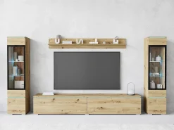 Sale Conjunto de móveis para sala com LED 4 elementos – rack 180 cm, 2 vitrines e prateleira, composição de parede de pé ou suspensa carvalho Artisan Natural escuro