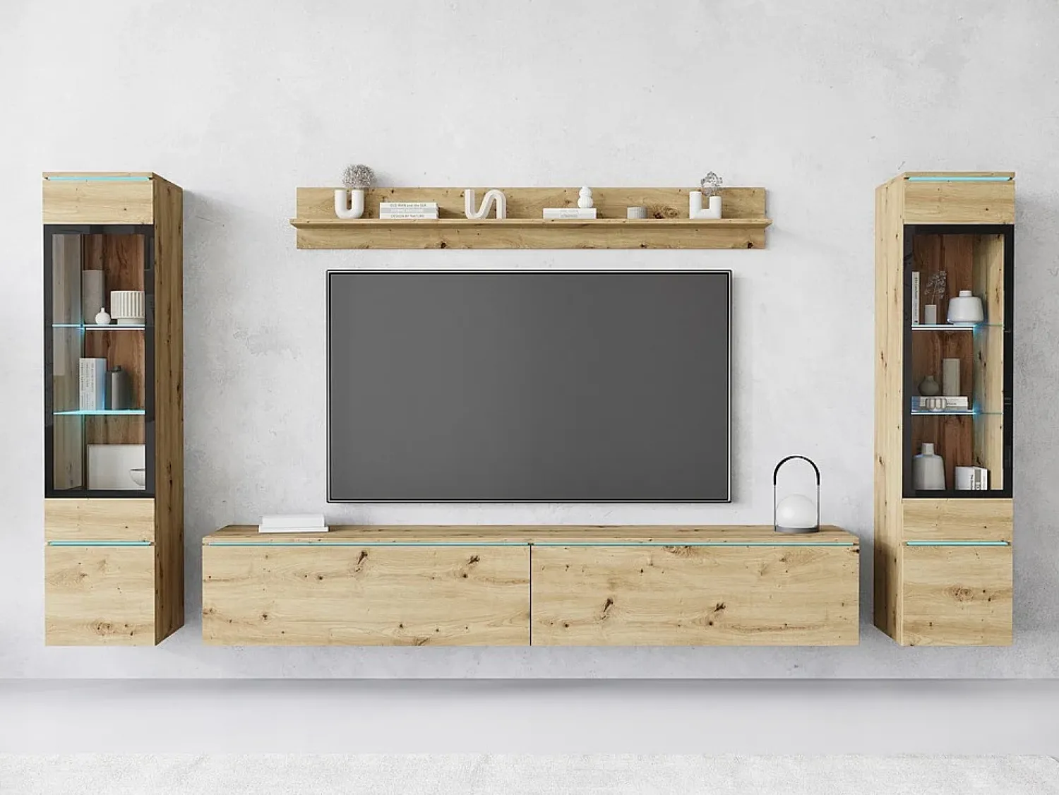 Sale Conjunto de móveis para sala com LED 4 elementos – rack 180 cm, 2 vitrines e prateleira, composição de parede de pé ou suspensa carvalho Artisan Natural escuro