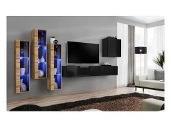 Móvel De Tv|Price Factory Conjunto de móveis para sala de estar SWITCH XIII, design mural, cores e carvalho Wotan. Preto