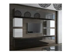 Outlet Price Factory Conjunto de móveis para sala de estar e branco suspensos coleção CEPTO XVII 249cm, 10 móveis, com LEDs, modulares. Preto