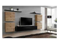 Outlet Price Factory Conjunto de móveis para sala SWITCH IV. Cores carvalho wotan e preto. Acabamentos em carvalho fresado e preto brilhante. Castanho
