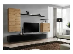 Price Factory Conjunto de móveis para sala de estar coleção SWITCH II, design, cor carvalho e preto brilhante.^ Móvel De Tv