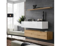 Price Factory Conjunto de móveis para sala de estar SWITCH SBII design, nas cores carvalho Wotan e branco brilhante.^ Móvel De Tv