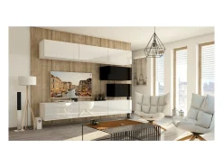 Móvel De Tv|Price Factory Conjunto de móveis para sala de estar e preto suspensos coleção CEPTO XVI 249cm, 8 peças, modulares. Branco