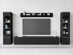 Móvel De Tv* Conjunto de móveis para sala com LED 4 elementos – rack 180 cm, 2 vitrines e prateleira, composição de parede de pé ou suspensa fosco Preto