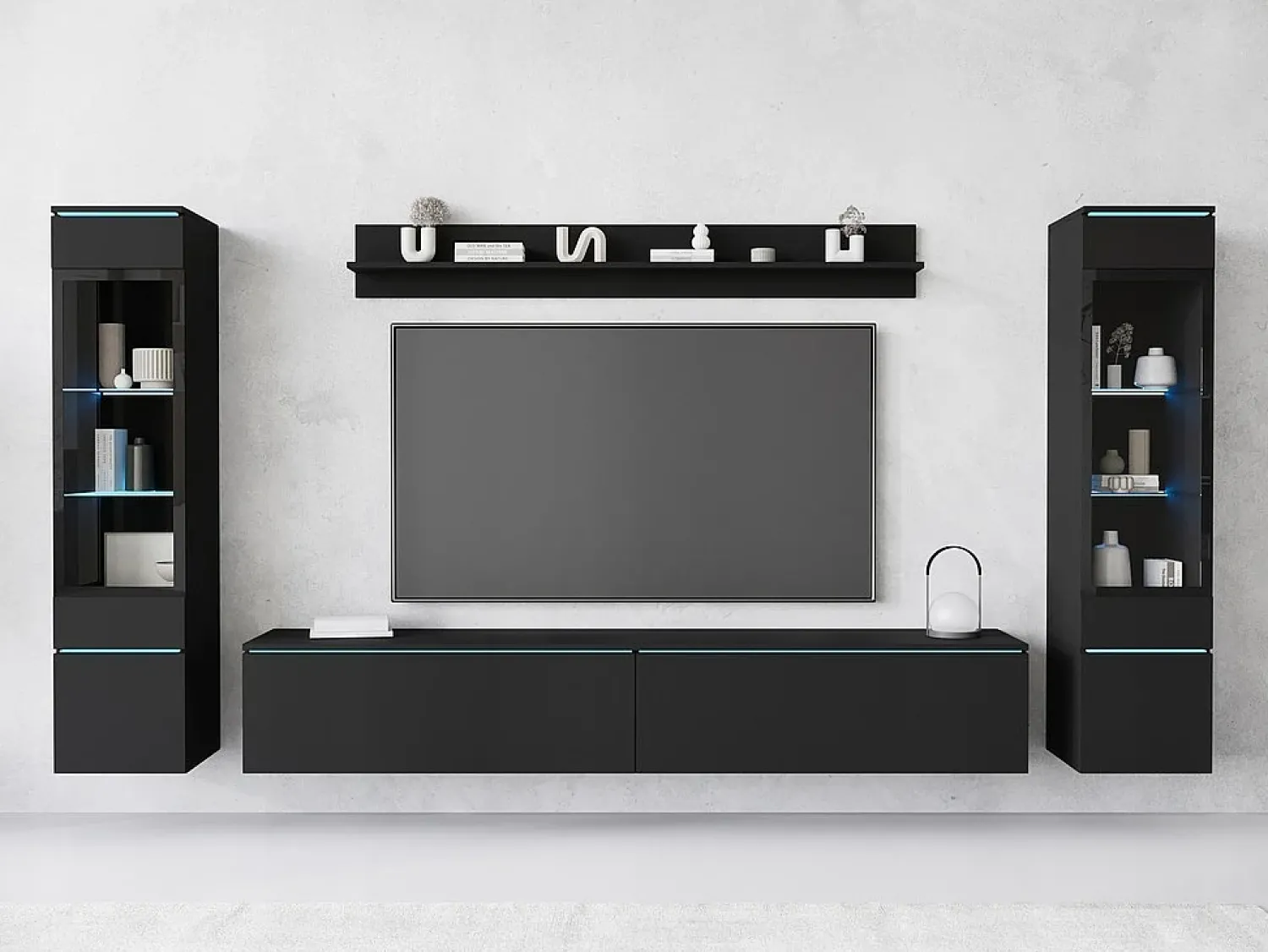 Móvel De Tv* Conjunto de móveis para sala com LED 4 elementos – rack 180 cm, 2 vitrines e prateleira, composição de parede de pé ou suspensa fosco Preto