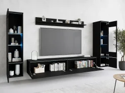 Móvel De Tv* Conjunto de móveis para sala com LED 4 elementos – rack 180 cm, 2 vitrines e prateleira, composição de parede de pé ou suspensa fosco Preto