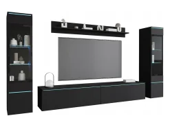 Móvel De Tv* Conjunto de móveis para sala com LED 4 elementos – rack 180 cm, 2 vitrines e prateleira, composição de parede de pé ou suspensa fosco Preto