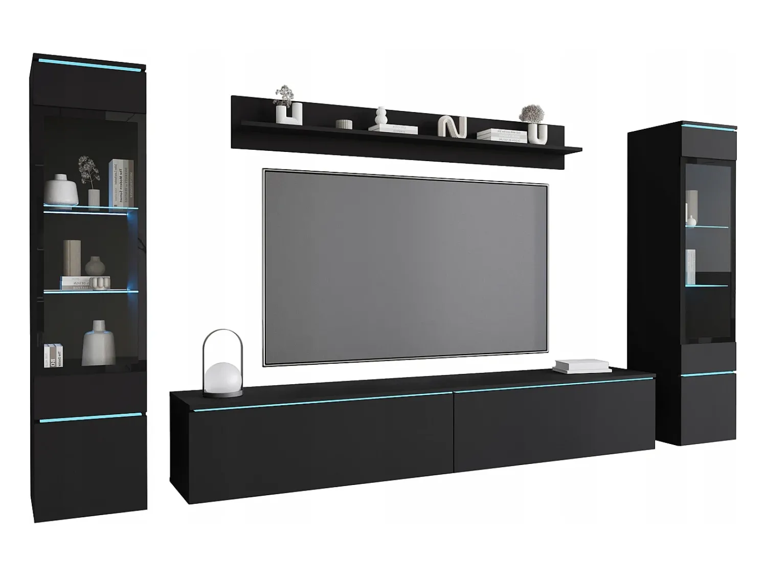 Móvel De Tv* Conjunto de móveis para sala com LED 4 elementos – rack 180 cm, 2 vitrines e prateleira, composição de parede de pé ou suspensa fosco Preto